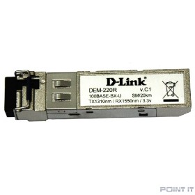D-Link 220R/20KM/A1A WDM SFP-трансивер с 1 портом 100Base-BX-U (Tx:1310 нм, Rx:1550 нм) для одномодового оптического кабеля (до 20 км)