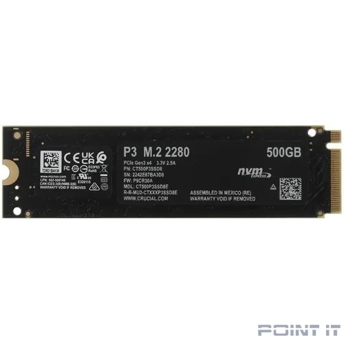 SSD M.2 Crucial 500Gb P3 <CT500P3SSD8> (PCI-E 3.0 x4, up to 3500/1900MBs, 3D NAND, NVMe, 110TBW, 22х80mm)