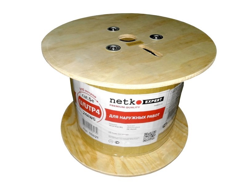 Кабель U/UTP4 cat.5e, 4 пары 24 AWG BC, одножильный, не экранированный, на катушке, для наружных работ, FLUKE TEST, NETKO Expert 100м