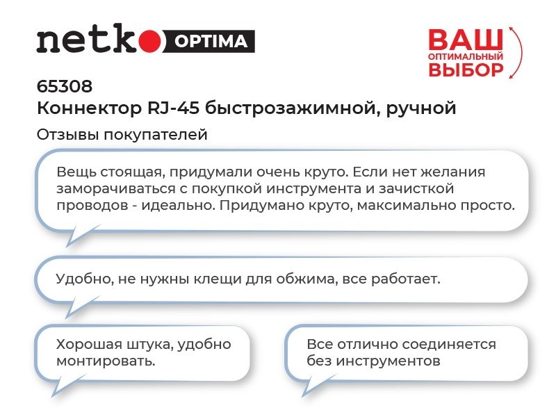 Коннектор RJ45 (8p8c) cat.5e, быстрозажимной ручной, для одножильного и многожильного  UTP кабеля, NETKO Optima 10шт