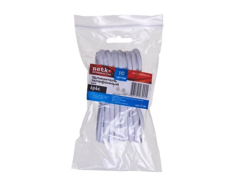 Удлинитель телефонный (6р4с) 10 метров / белый NETKO Optima 2шт