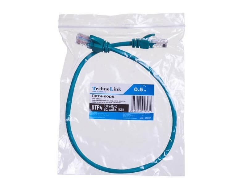 Патч-корд Technolink UTP4 cat 5e, ВС, LSZH, зеленый, литой коннектор 20 шт