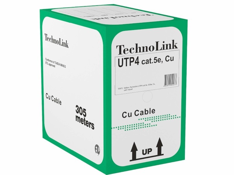 Кабель Technolink UTP4 cat.5е, одножильный, Cu, серый 200м