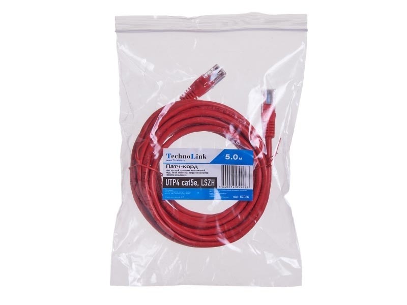 Патч-корд Technolink UTP4 cat 5e, ВС, LSZH, красный, литой коннектор