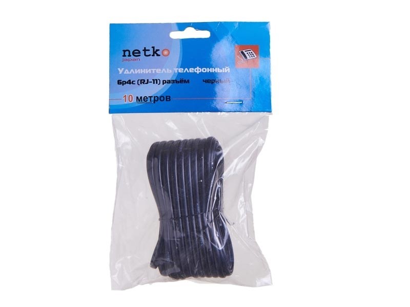 Удлинитель телефонный (6р4с) 10 метров / черный, блистер, Netko 10шт