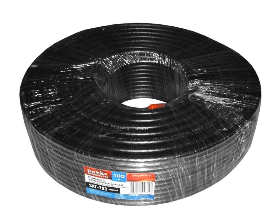 Кабель коаксиальный SAT-703, 75 Ом (CU, оплетка 48 нитей TnCCA), черный, наружный (5м) NETKO Optima