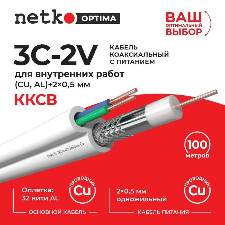 Кабель коаксиальный Netko 3C-2V, 75 Ом (CU, оплетка 32 нити AL) + кабель питания 2x0.5мм (CU, одножильный), аналог ККСВ, белый (2м)