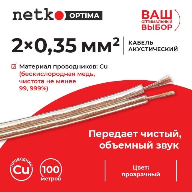 Кабель акустический 2*0.35мм2 (31*0.12мм) BC, 2м, пластиковая катушка, прозрачный NETKO Optima