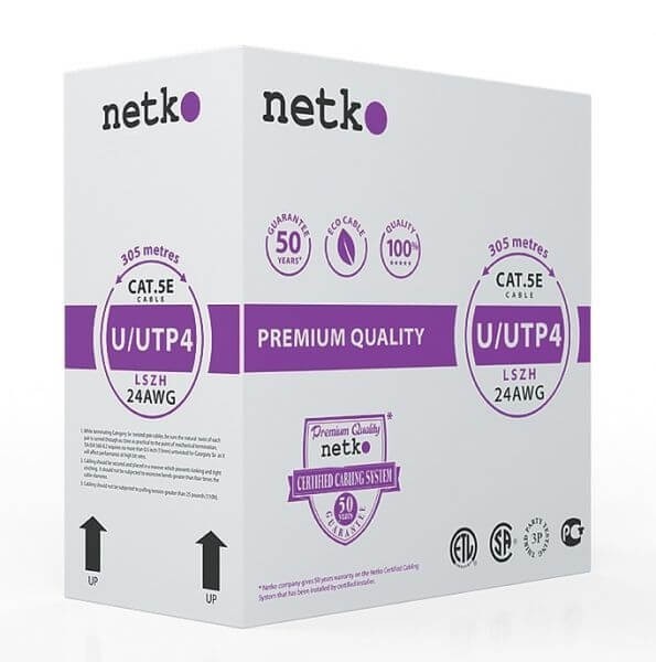 Кабель U/UTP4 cat.5e, 4 пары 24 AWG BC, нг(А)-HF LSZH - малодымный, не содержащий галогенов; фиолетовый; одножильный, FLUKE TEST, NETKO Expert СКС 305м