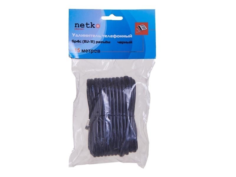 Удлинитель телефонный (6р4с) 15 метров / черный, блистер, Netko 10шт