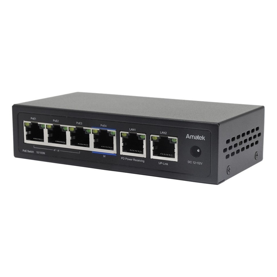 AN-PE42 - 6-портовый 100Мбит/с удлинитель PoE с питанием от PoE до 60Вт