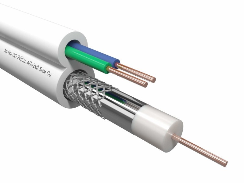 Кабель коаксиальный Netko 3C-2V, 75 Ом (CU, оплетка 32 нити AL) + кабель питания 2x0.5мм (CU, одножильный), аналог ККСВ, белый (50м)