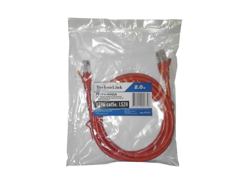 Патч-корд Technolink UTP4 cat 5e, ВС, LSZH, красный, литой коннектор 5 шт