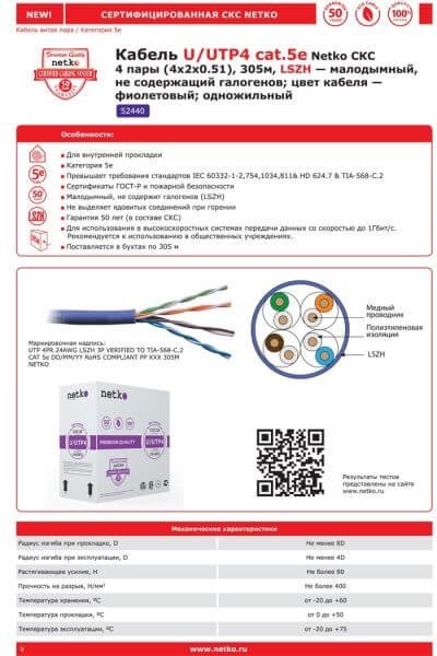 Кабель U/UTP4 cat.5e, 4 пары 24 AWG BC, нг(А)-HF LSZH - малодымный, не содержащий галогенов; фиолетовый; одножильный, FLUKE TEST, NETKO Expert СКС 40м