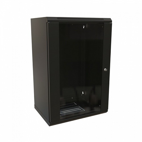 Шкаф настенный 19-дюймовый (19), 22U, 1086x600х600мм, стеклянная дверь с перфорацией по бокам, ручка с замком, цвет черный (RAL 9004) (разобранный)