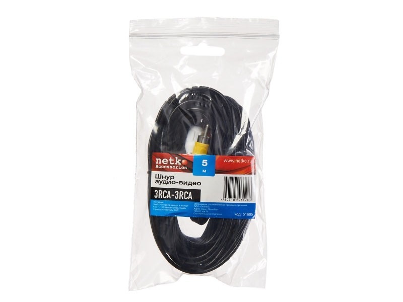Шнур аудио-видео: 3RCA-3RCA ( длина 5 м, литой), NETKO Optima