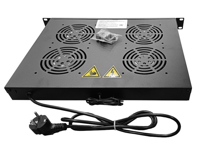 Полка вентиляторная 19, 1U/4 с термостатом, с кабелем, черная Netko