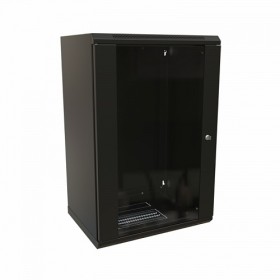  								Шкаф настенный 19-дюймовый (19), 18U, 908x600х600мм, стеклянная дверь с перфорацией по бокам, ручка с замком, цвет черный (RAL 9004) (разобранный)							