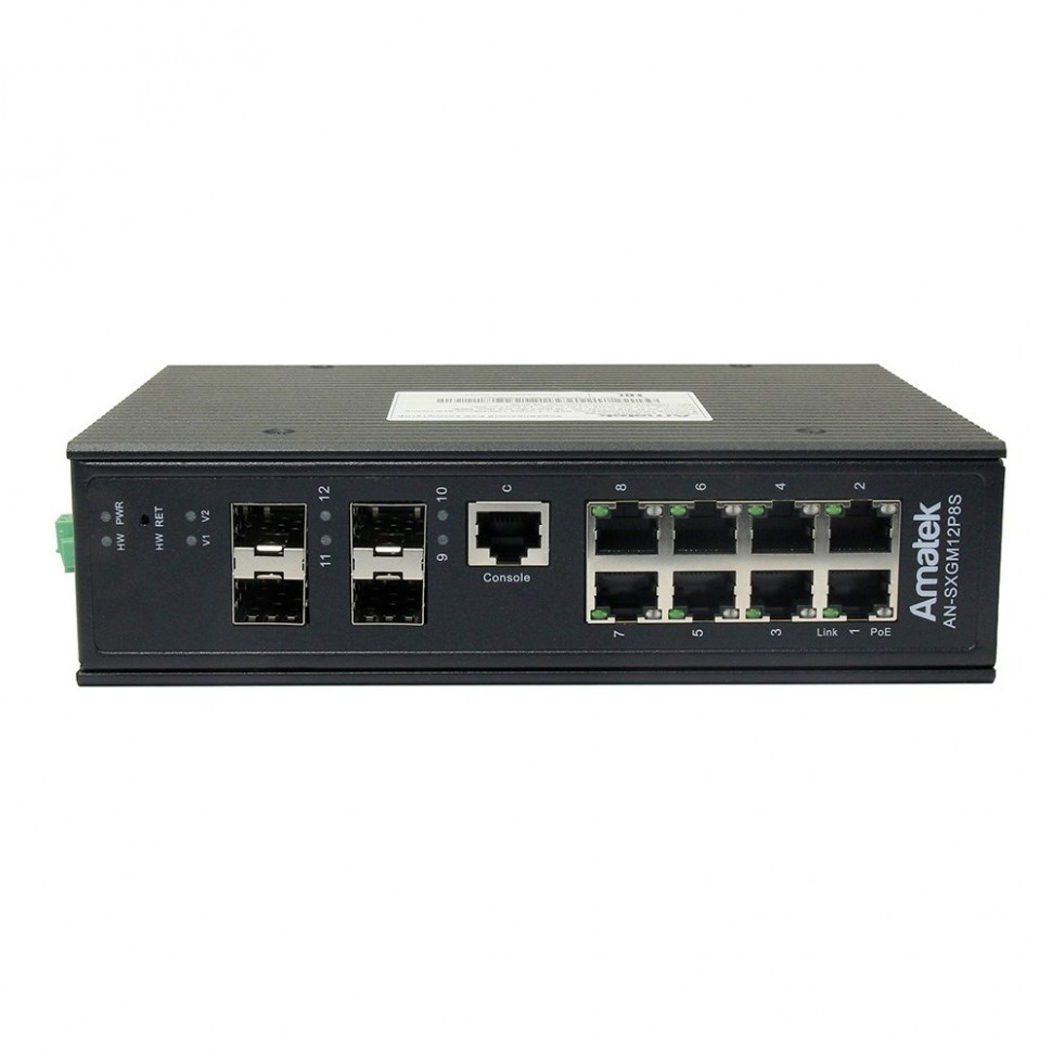 AN-SXGM12P8S - промышленный 12-портовый управляемый L2+ гигабитный коммутатор с HiPoE до 360Вт
