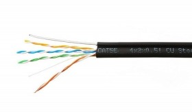 Кабель Skynet Premium UTP4 cat.5е, одножильный, Cu, Проходит Fluke тест, для наружных работ, с тросом, черный 10м