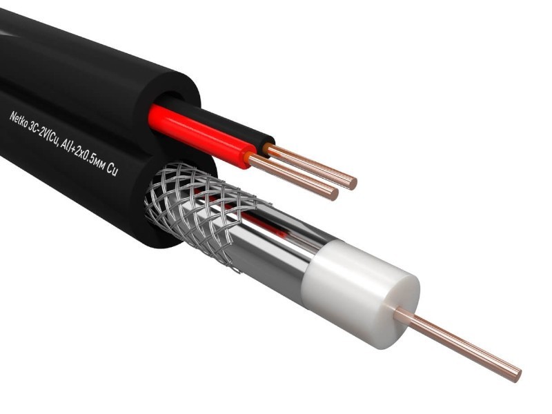 Кабель коаксиальный Netko 3C-2V, 75 Ом (CU, оплетка 32 нити AL) + кабель питания 2x0.5мм (CU, одножильный), аналог ККСП, наружный, черный (40м)