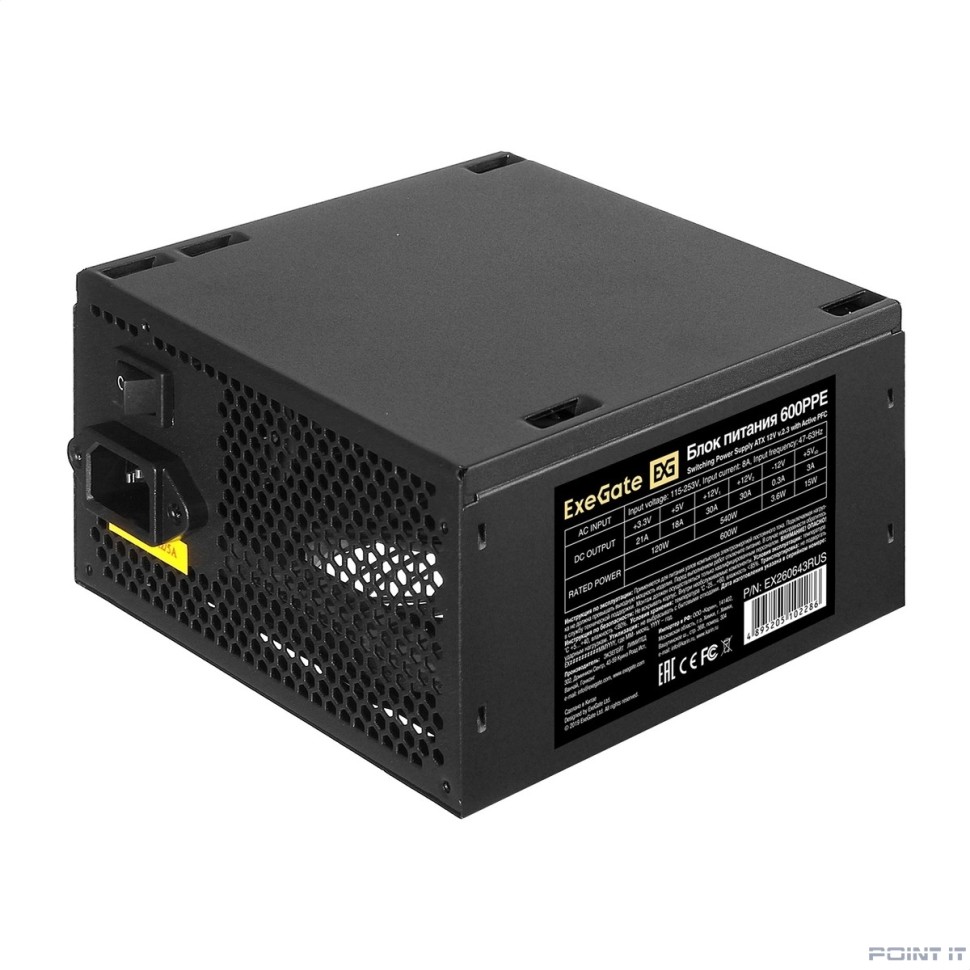 Exegate EX260643RUS Блок питания 600W Exegate 600PPE, ATX, black, APFC, 12cm, 24p+(4+4)p, PCI-E, 5*SATA, 3*IDE,  FDD