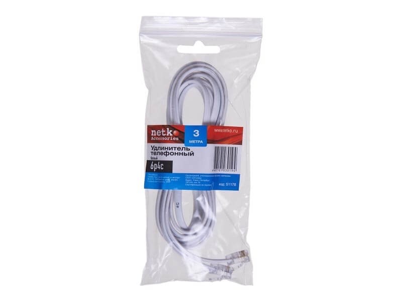 Удлинитель телефонный (6р4с) 3 метра / белый NETKO Optima 10шт