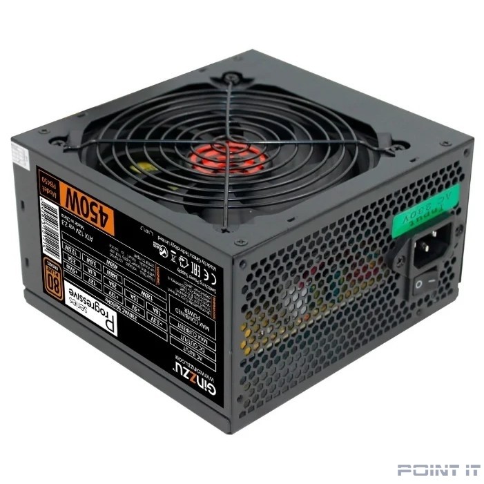 Ginzzu PB450 12CM 80+ black,APFC,20+4p,1 PCI-E(6+2), 4*SATA, 2*IDE, OEM