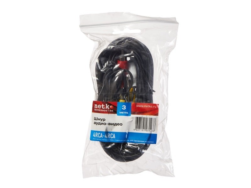 Шнур аудио-видео: 4RCA-4RCA ( длина 3 м, литой), NETKO Optima