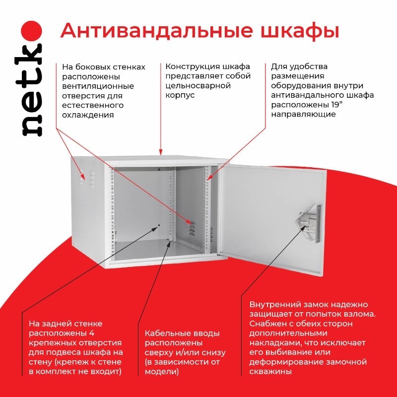Антивандальный Шкаф 9U распашного типа, (Ш*Г*В 600*450*470мм) 19 направляющие, передняя дверь металл, замок, серый Netko M