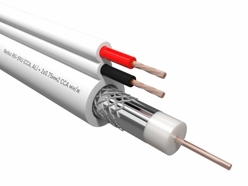 Кабель коаксиальный Netko RG-59U, 75 Ом (CCA, оплетка 32 нити AL) + кабель питания 2x0.75мм2 (CCA, многожильный), аналог КВОС, белый (3м)
