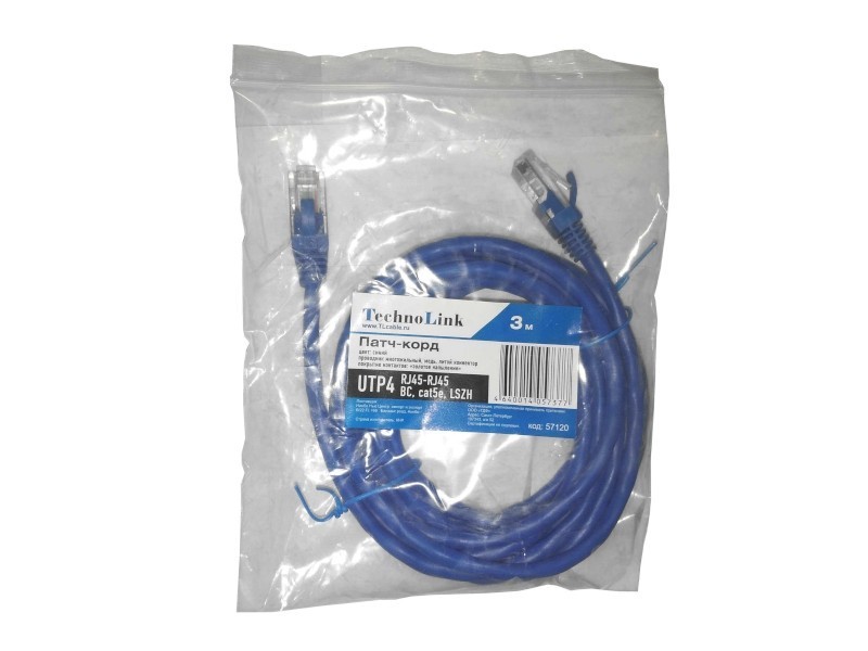 Патч-корд Technolink UTP4 cat 5e, ВС, LSZH, синий, литой коннектор 10 шт