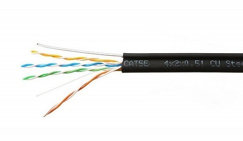 Кабель Skynet Premium UTP4 cat.5е, одножильный, Cu, Проходит Fluke тест, для наружных работ, с тросом, черный 50м