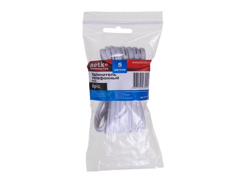 Удлинитель телефонный (6р4с) 5 метров / белый NETKO Optima