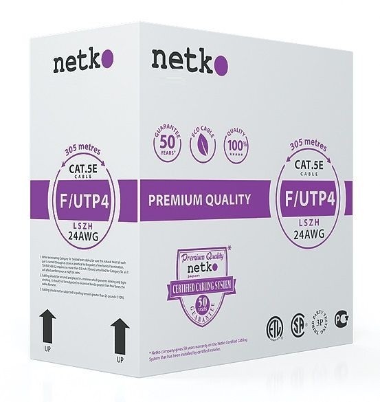 Кабель F/UTP 4 (FTP4) cat.5e, 4 пары 24 AWG BC, экранированный, нг(А)-HF LSZH - малодымный, не содержащий галогенов; фиолетовый; одножильный, FLUKE TEST, NETKO Expert СКС 200м