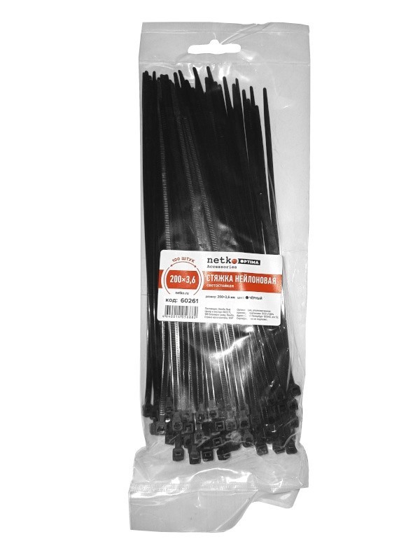 Стяжка нейлоновая 200*3,6 / 100 шт / светостойкая (черная), NETKO Optima SZ