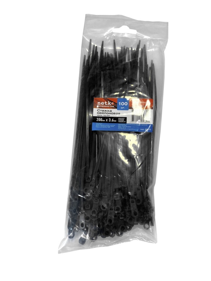 Стяжка нейлоновая 200*3,6 / 100 шт под винт, светостойкая (черная), NETKO Optima SZ