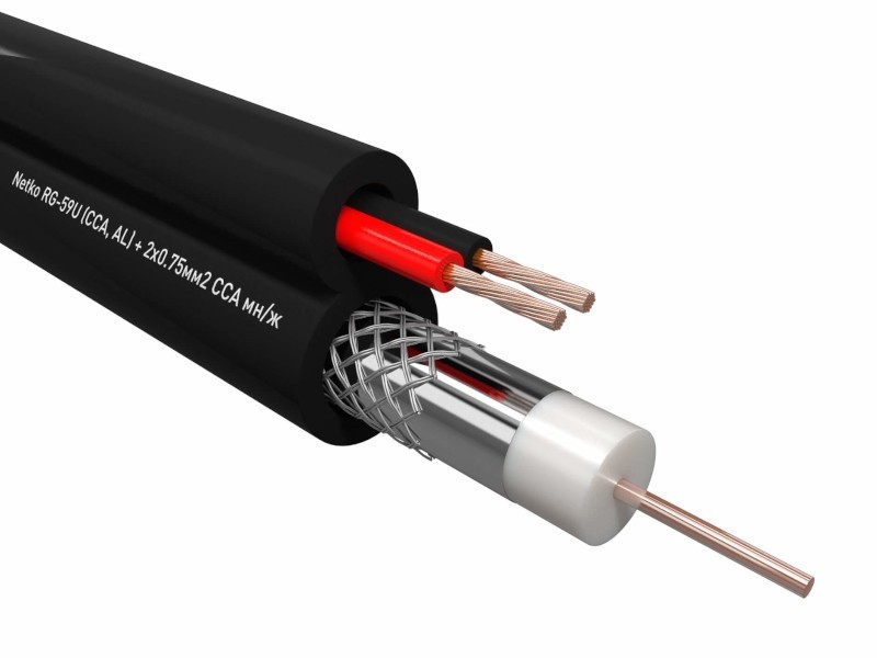 Кабель коаксиальный Netko RG-59U, 75 Ом (CCA, оплетка 32 нити AL) + кабель питания 2x0.75мм2 (CCA, многожильный), аналог КВОС, внешний, черный (20м)