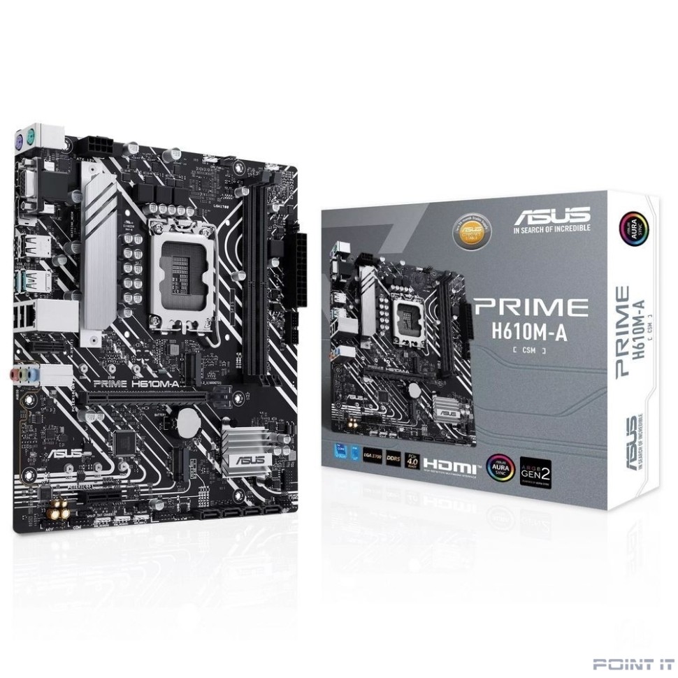 ASUS PRIME H610M-A-CSM (Socket 1700, mATX, 2xDDR5(96GB), VGA/DP/HDMI, 1xPCIe 4.0x16/1xPCIe 3.0, 1xLAN, 4xSATA 6Gb/s, 2xM.2, 1xM.2 E key, 2xUSB 3.2, 2xUSB 2.0, 2xPS/2)