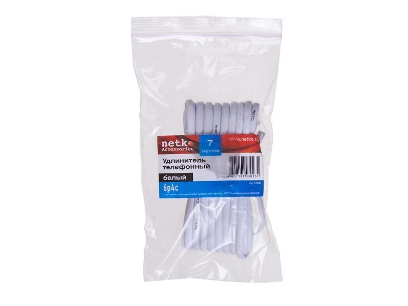 Удлинитель телефонный (6р4с) 7 метров / белый NETKO Optima