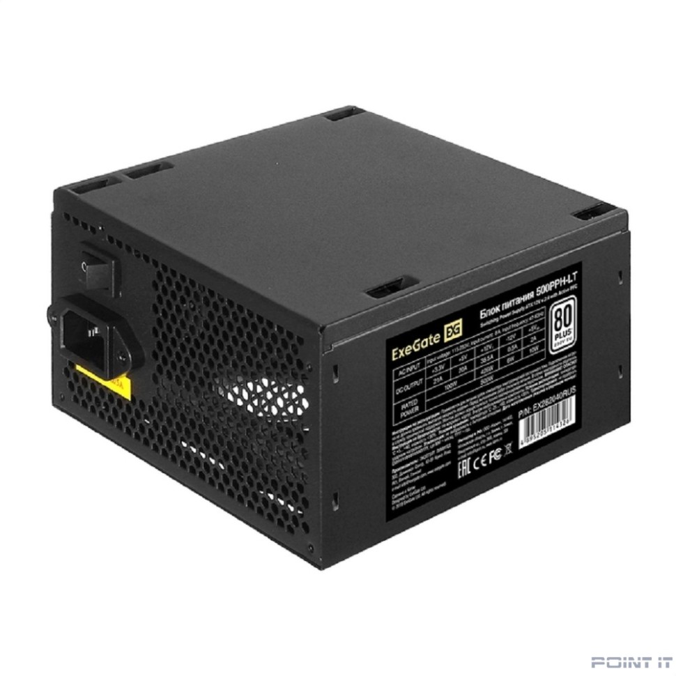 Exegate EX282040RUS Блок питания 500W Exegate 500PPH-LT, 80+,RTL ATX, black, APFC, 12cm, 24p, (4+4)p, 5*SATA, 3*IDE