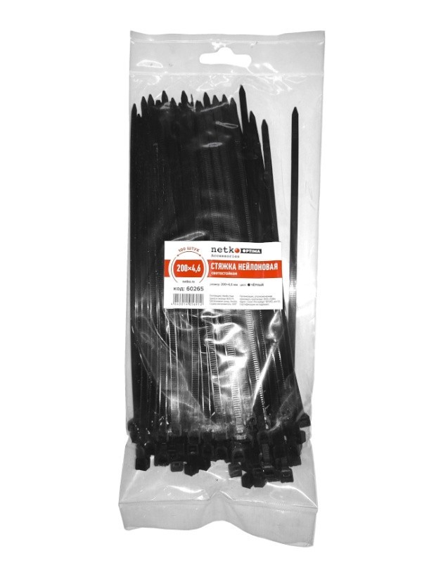 Стяжка нейлоновая 200*4,6 / 100 шт / светостойкая (черная), NETKO Optima SZ