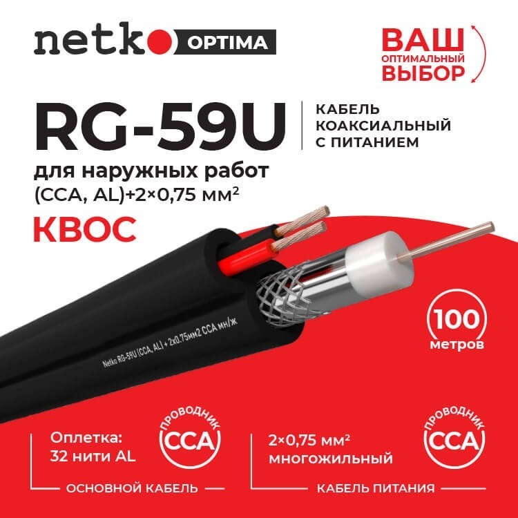 Кабель коаксиальный Netko RG-59U, 75 Ом (CCA, оплетка 32 нити AL) + кабель питания 2x0.75мм2 (CCA, многожильный), аналог КВОС, внешний, черный (3м)