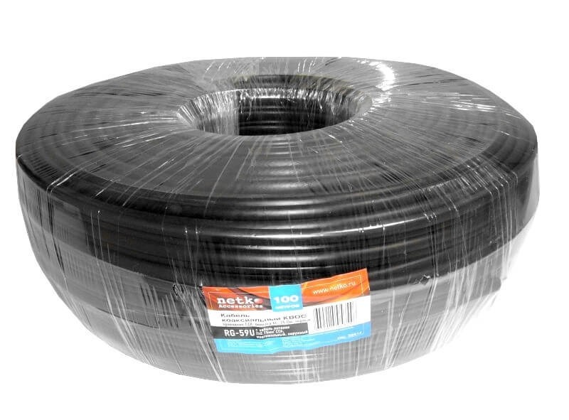 Кабель коаксиальный Netko RG-59U, 75 Ом (CCA, оплетка 32 нити AL) + кабель питания 2x0.75мм2 (CCA, многожильный), аналог КВОС, внешний, черный (40м)