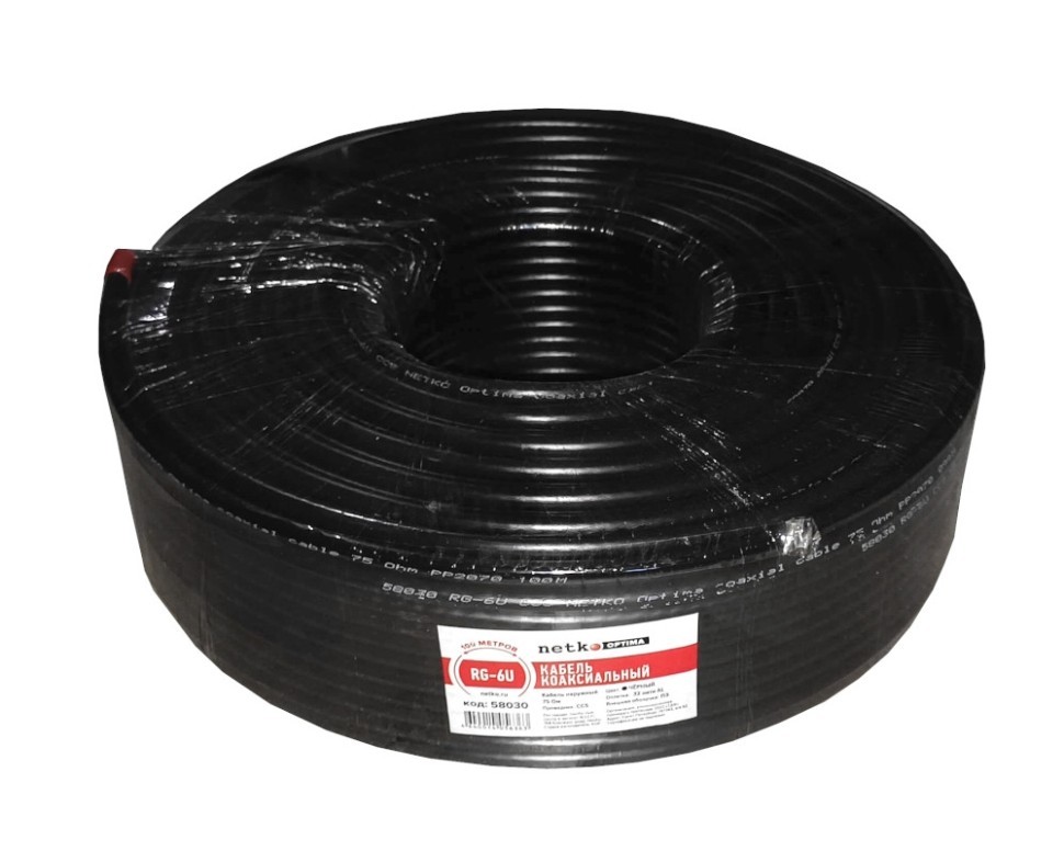 Кабель коаксиальный RG-6U, 75 Ом (CCS, оплетка 32 нити AL), наружный, черный (100м) NETKO Optima