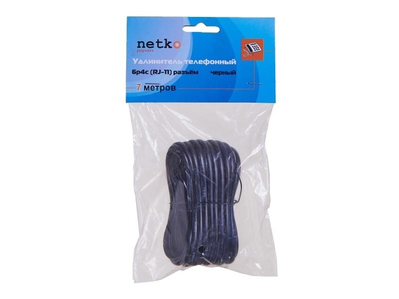 Удлинитель телефонный (6р4с) 7 метров / черный, блистер, Netko 10шт