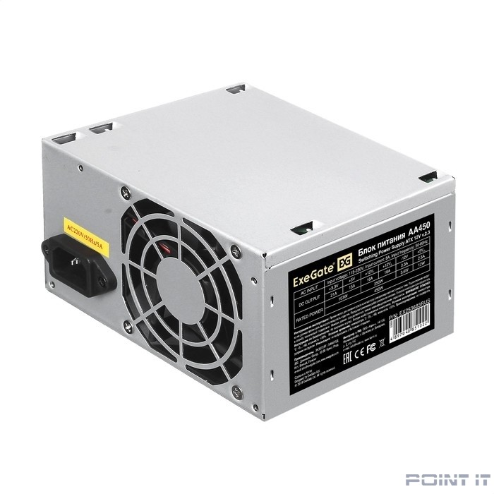 Exegate EX253683RUS-PC Блок питания 450W ExeGate AA450 (ATX, PC, 8cm fan, 24pin, 4pin, 2xSATA, IDE, кабель 220V в комплекте)