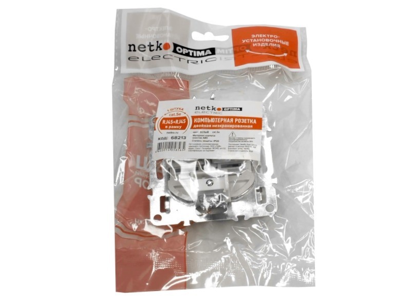 Компьютерная розетка двойная RJ45+ RJ45 в рамку, cat.5e, неэкранированная, пластик, IP20, (в 2-3-4 постовых рамках порты расположены вертикально) цвет белый NETKO Optima Electric