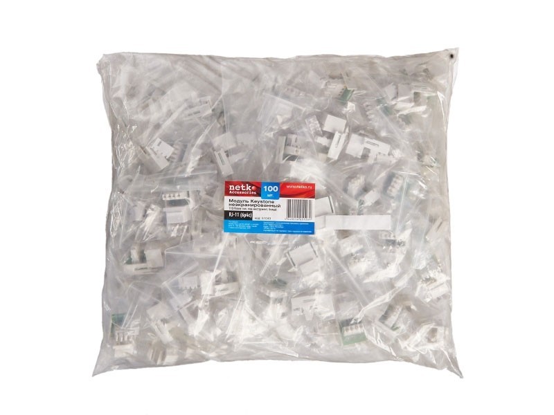 Модуль Keystone неэкранированный, RJ11 (6p4c), 110/Krone тип, 90°, под инструмент, белый, Netko 20шт