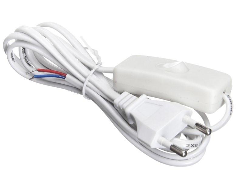 Кабель питания с выключателем и вилкой (без разъема - шнур для бра) 2*0,5мм2, 220V/2,5A, 1,8м, белый, NETKO Optima